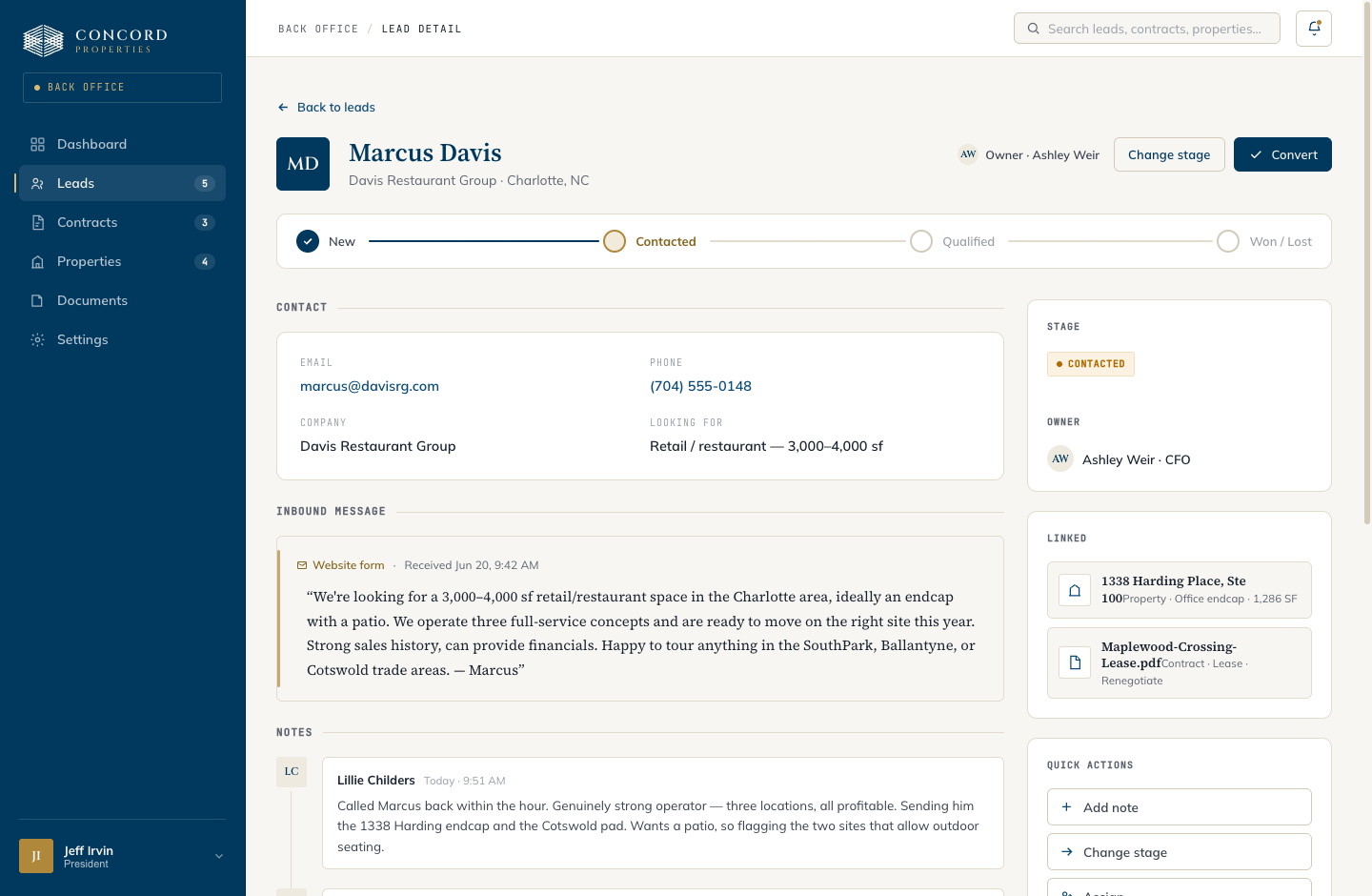 Lead detail with pipeline, notes, and linked deal