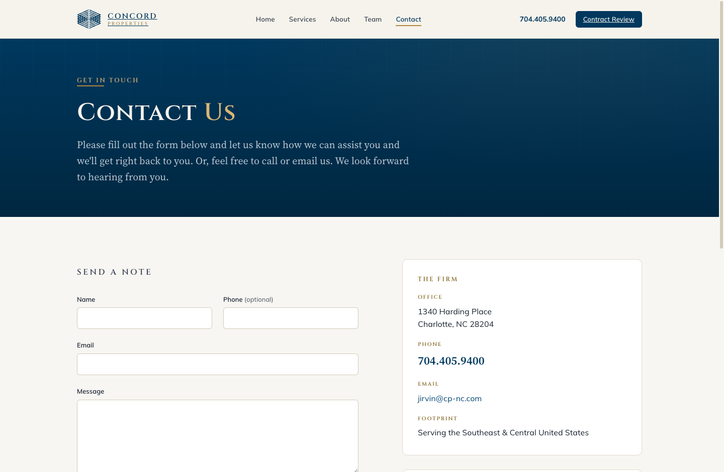 Website — Contact page with form
